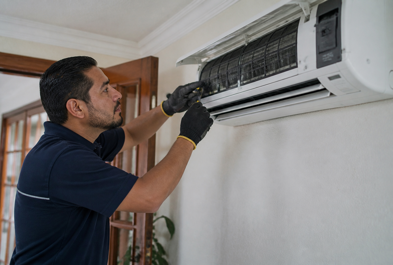 Servicio de aire acondicionado en Mexicali con técnico revisando minisplit